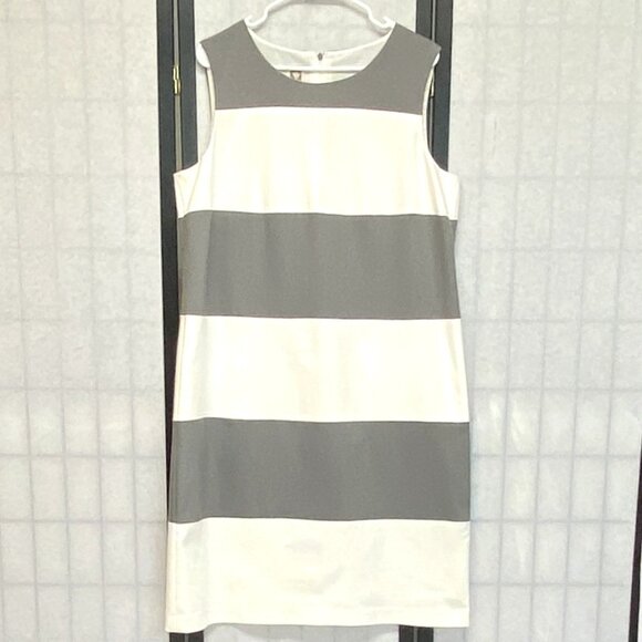 Anne Klein Grey White Stripe Shift Dress Sleeveless Midi 16 Lined Wide Bands - Picture 1 of 11